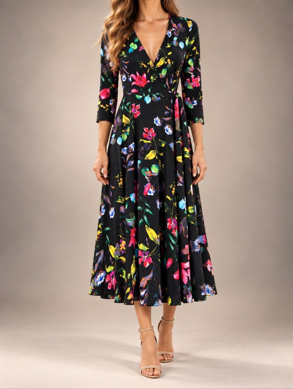 Blue Sky Bamboo Floral Wrap Midi Dress Black Multicolor Medium